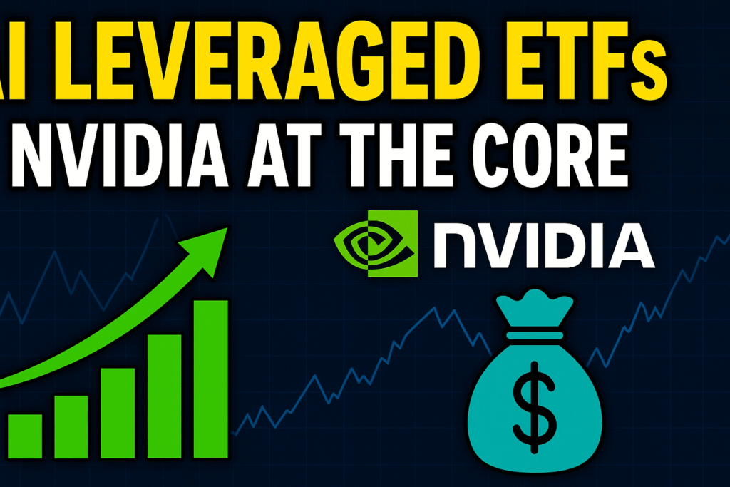 Thumbnail image showing bold text “AI Leveraged ETFs – Nvidia at the Core” with Nvidia logo, upward green bar chart, and money bag symbol against a financial graph background.